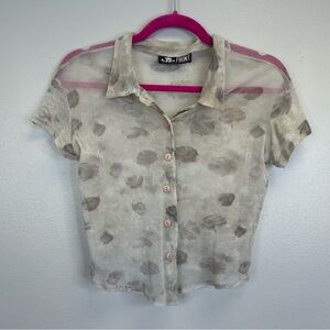 Up Front Vintage Y2K 90s sheer beige Floral Crop Top Size S/M Mesh Button up